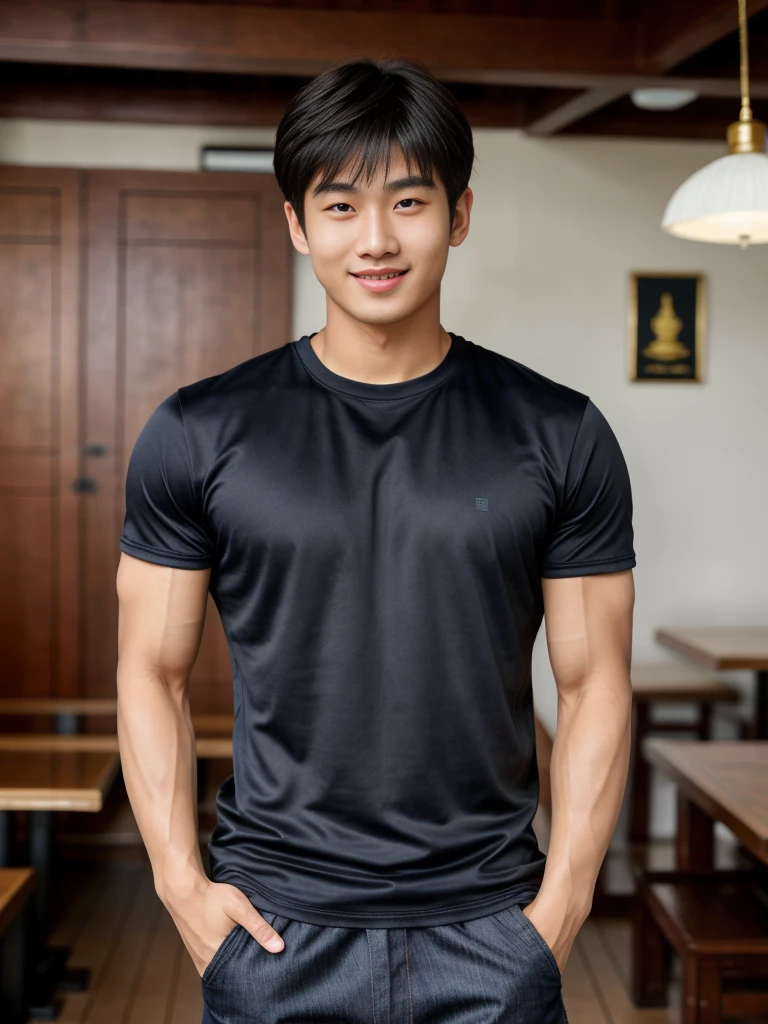 独奏: 1.5, (As a matter of fact, Masterpiece, 8k HD, good light quality, sportswear, fit the face, complicated details), A handsome Korean young man with muscular arms. , 20 years old, be happy, smile brightly, detailed face, delicate eyes, look at the sky, Wear a navy tight T-shirt.:1.6 , jeans period, black eyes, Black hair color, ผมsmooth, smooth,Surreal,Superb details,Highest quality,real,Open your mouth to talk. , Close your eyes., (Standing in a Thai restaurant, Burmese temple:1.1)
