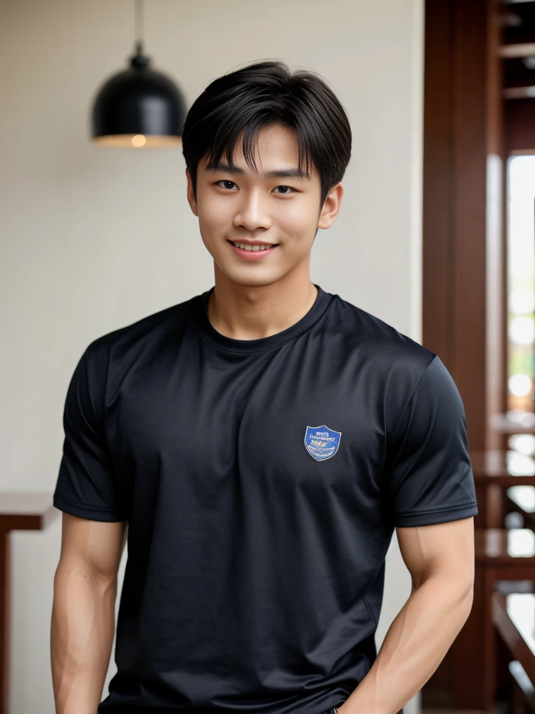独奏: 1.5, (As a matter of fact, Masterpiece, 8k HD, good light quality, sportswear, fit the face, complicated details), A handsome Korean young man with muscular arms. , 20 years old, be happy, smile brightly, detailed face, delicate eyes, look at the sky, Wear a navy tight T-shirt.:1.6 , jeans period, black eyes, Black hair color, ผมsmooth, smooth,Surreal,Superb details,Highest quality,real,Open your mouth to talk. , Close your eyes., (Standing in a Thai restaurant, Burmese temple:1.1)