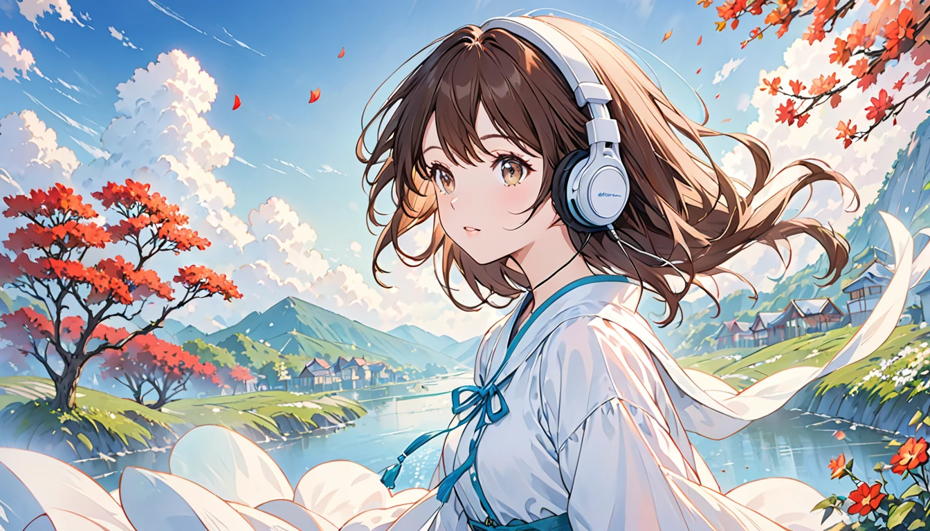 Girl wearing headphones,Brown Hair,1 person,bright,Detailed Background,「The wind that surrounds the heart」 - Let yourself go with the gentle breeze