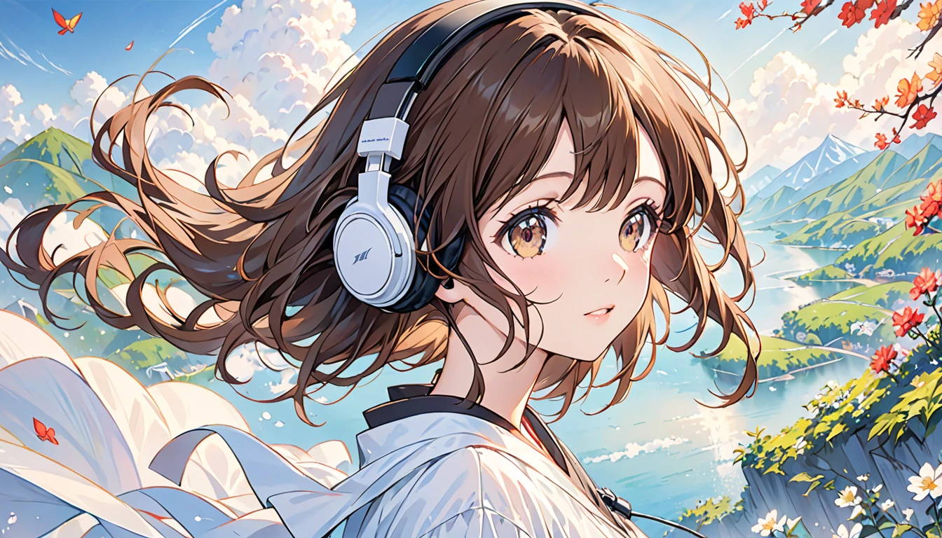 Girl wearing headphones,Brown Hair,1 person,bright,Detailed Background,「The wind that surrounds the heart」 - Let yourself go with the gentle breeze