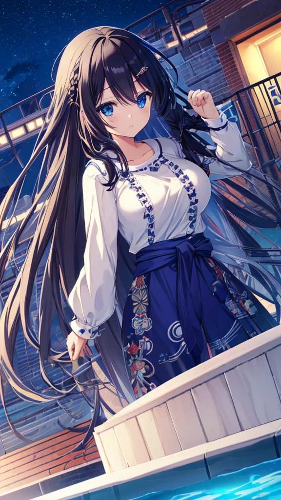 best quality, extremely detailed,anime style girl,long hair down to the waist, straight hair, ((dark black hair with bluish)),braid,beautiful detailed eyes, pinched eyes, (dark blue eyes),huge breasts,curvy,colorful casual clothing,Clothing with complex patterns,hair ornament,((((night pool)))),cool expression,dynamic angle