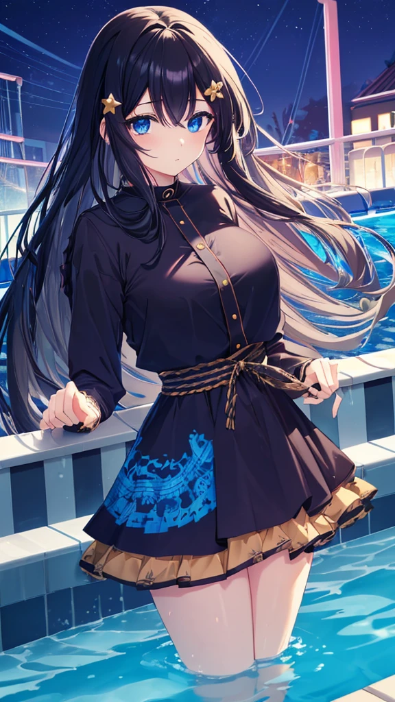 best quality, extremely detailed,anime style girl,long hair down to the waist, straight hair, ((dark black hair with bluish)),braid,beautiful detailed eyes, pinched eyes, (dark blue eyes),huge breasts,curvy,colorful casual clothing,Clothing with complex patterns,hair ornament,((((night pool)))),cool expression,dynamic angle