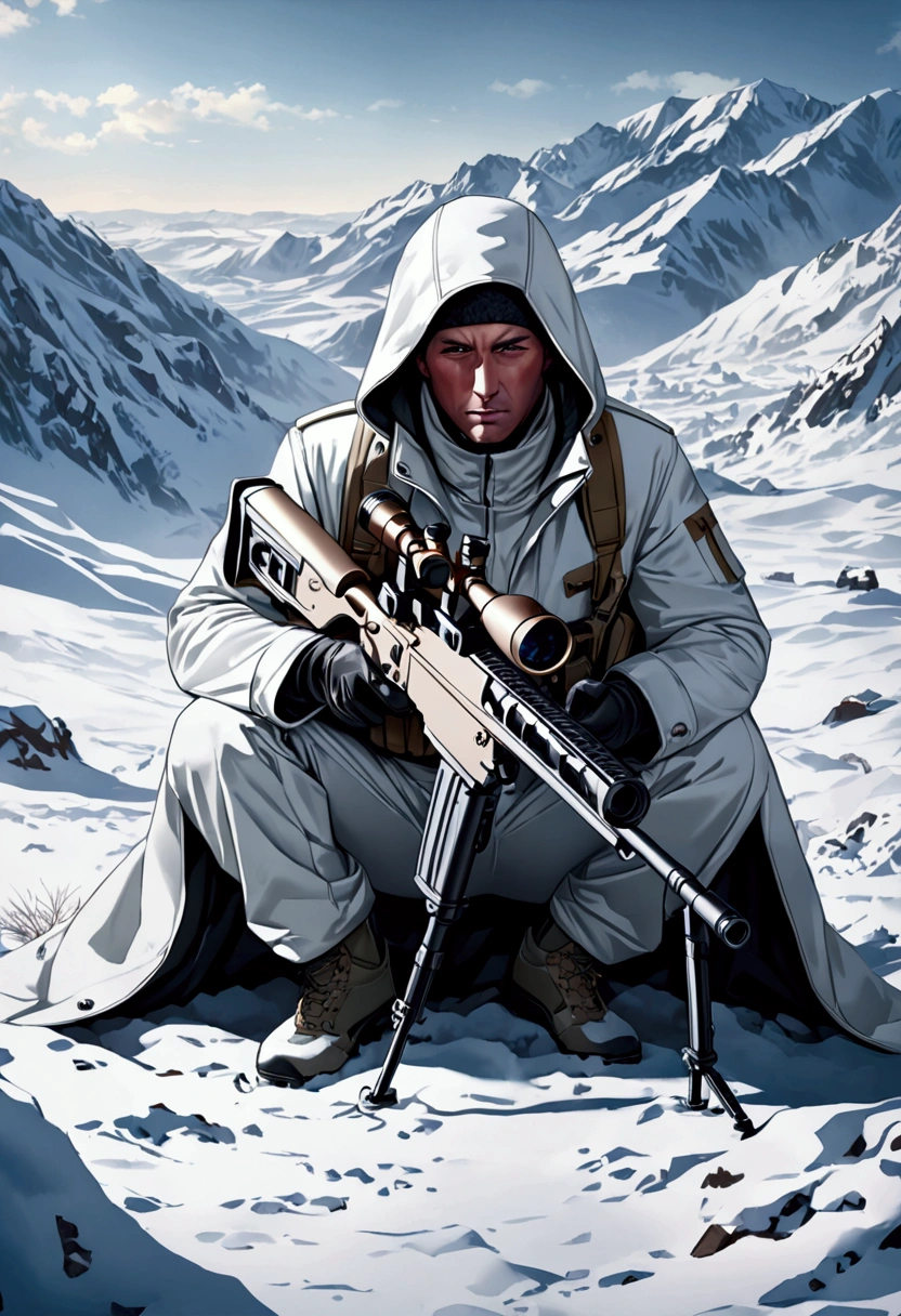 (Sniper), In the snowy ground, the sniper is wearing a white camouflage suit. He breathes steadily, his eyes are focused, and he is waiting for the opportunity. The background is the silent snow, full body, award-winning, cinematic still, emotional, vignette, dynamic, vivid, (masterpiece, best quality, Professional, perfect composition, very aesthetic, absurdres, ultra-detailed, intricate details:1.3)