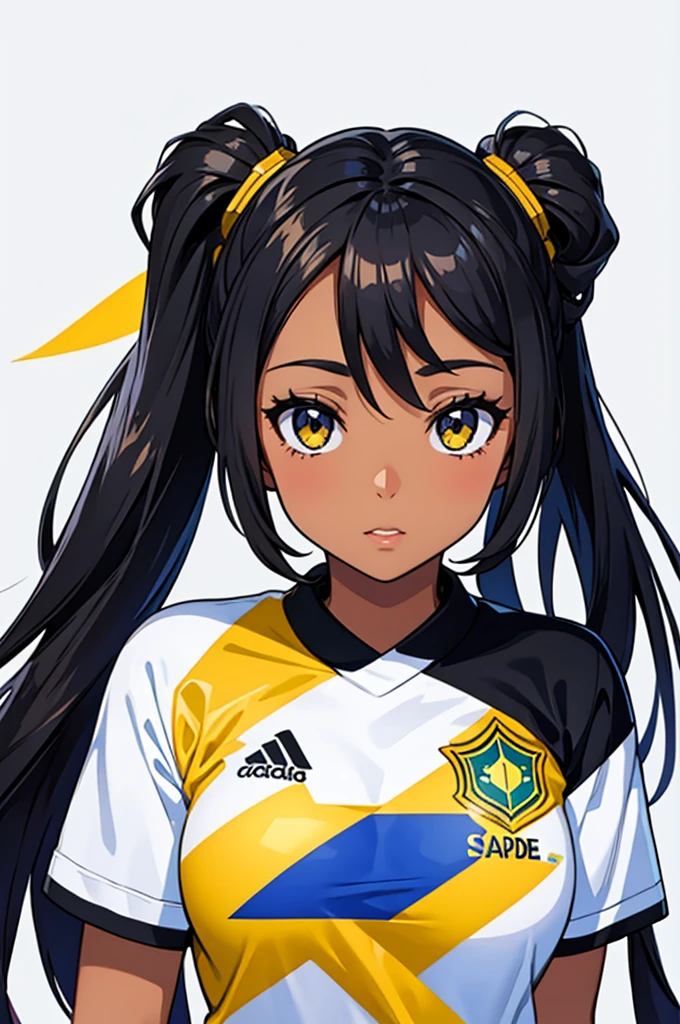 create me a black female character, , no artistic cartoon style, wearing normal clothes and a Brazilian team shirt, with a white background behind