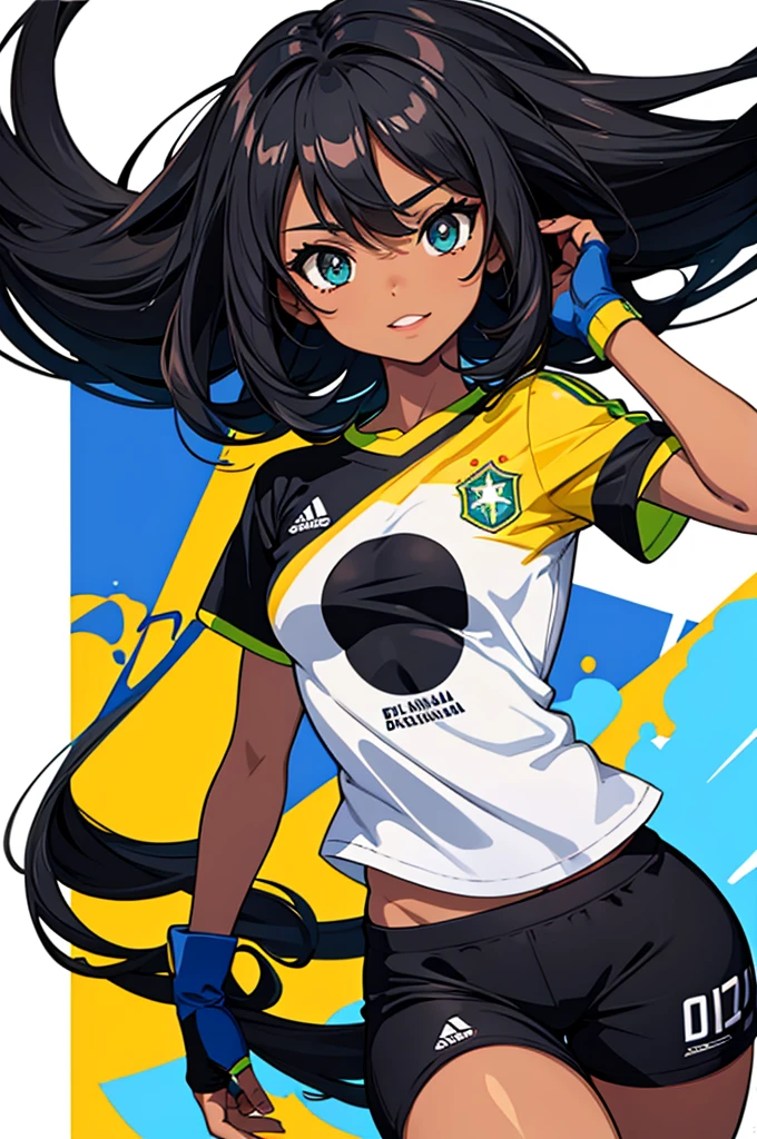 create me a black female character, , no artistic cartoon style, wearing normal clothes and a Brazilian team shirt, with a white background behind