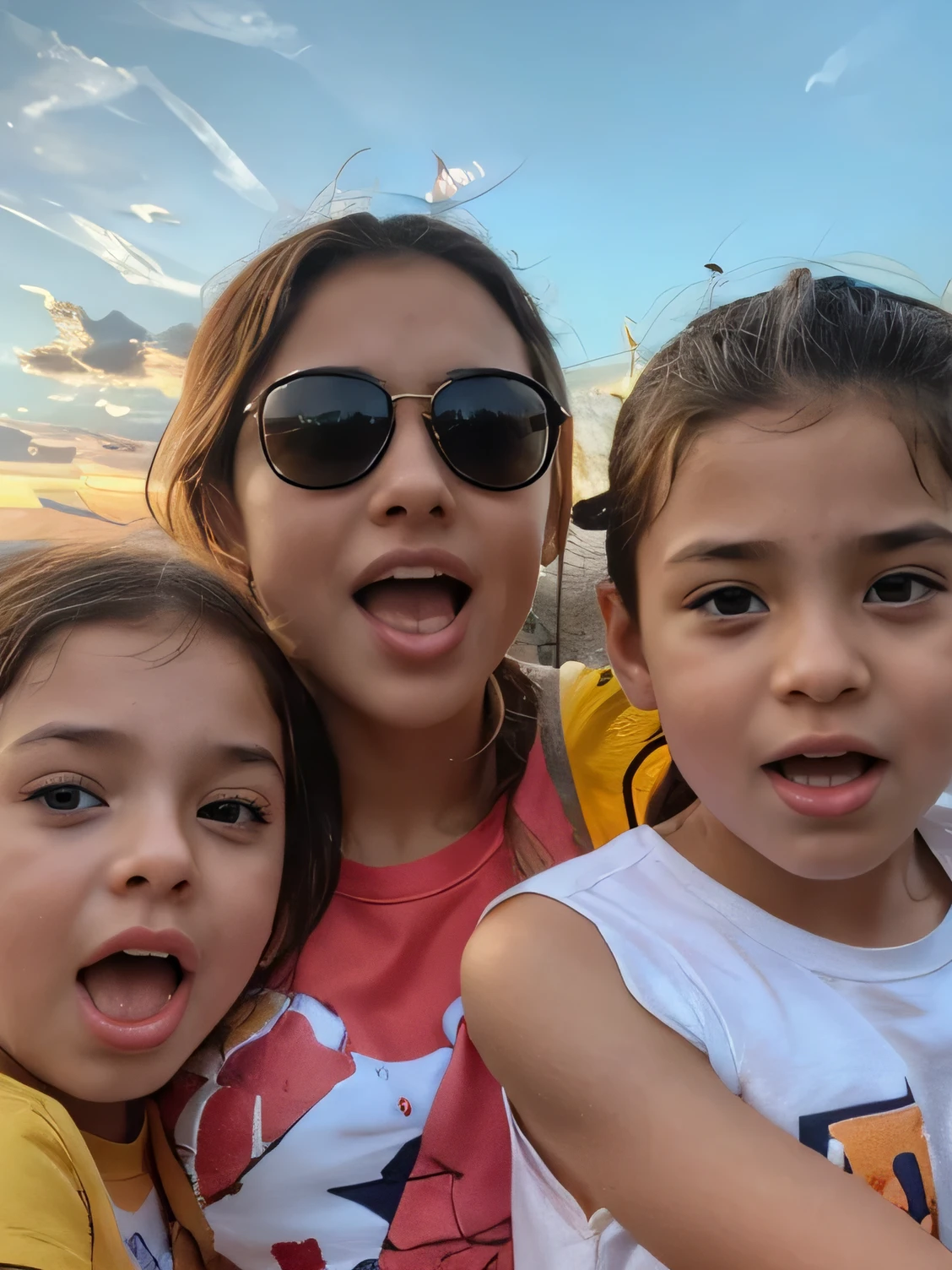 Against the backdrop of an orange sunset, a girl and two children show their tongues. In yellow T-shirts