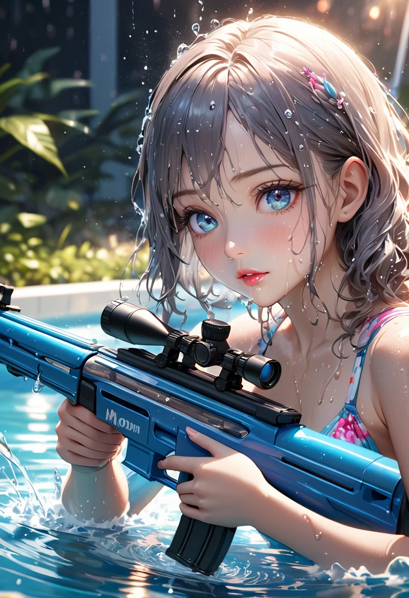 beautiful Cute young girl, sniper, leisure pool, holding toy water rifle, aiming at mom, firing toy water rifle, water spray coming out of water rifle, splash water, fun bathing, glitter A clear water surface, a detailed sniper stance, a detailed water rifle, a cute frilly swimwear, and a soaking wet body,beautiful detailed eyes,beautiful detailed lips,extremely detailed eyes and face,longeyelashes,wet hair,splashing water,vibrant colors,atmospheric lighting, (highest quality,16k,highres,masterpiece:1.2),ultra-detailed,(ultra-realistic,photo-realistic:1.37)