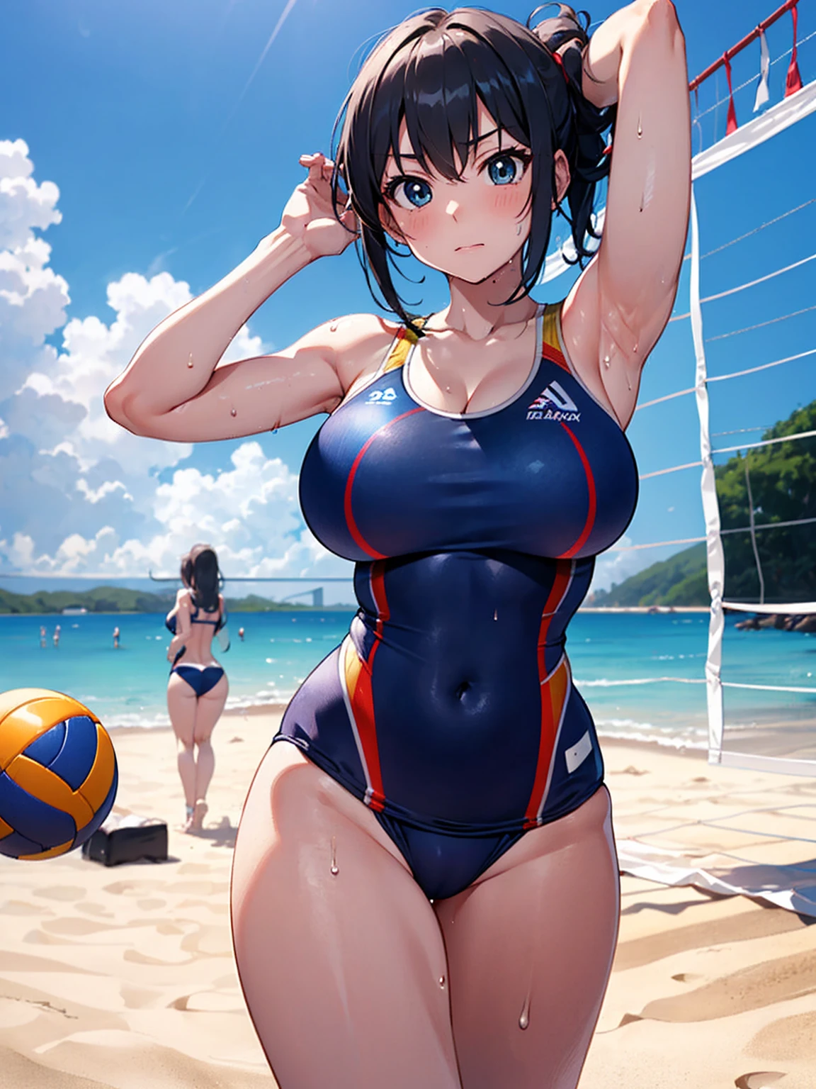 （Sweat, White skin:1.5、Aggressive Pose, ）, cameltoe, Fitness, , ((Beach volleyball swimsuit)),Big Breasts, Sturdy body、Healthy Body、((Big Eyes in Anime)), back
