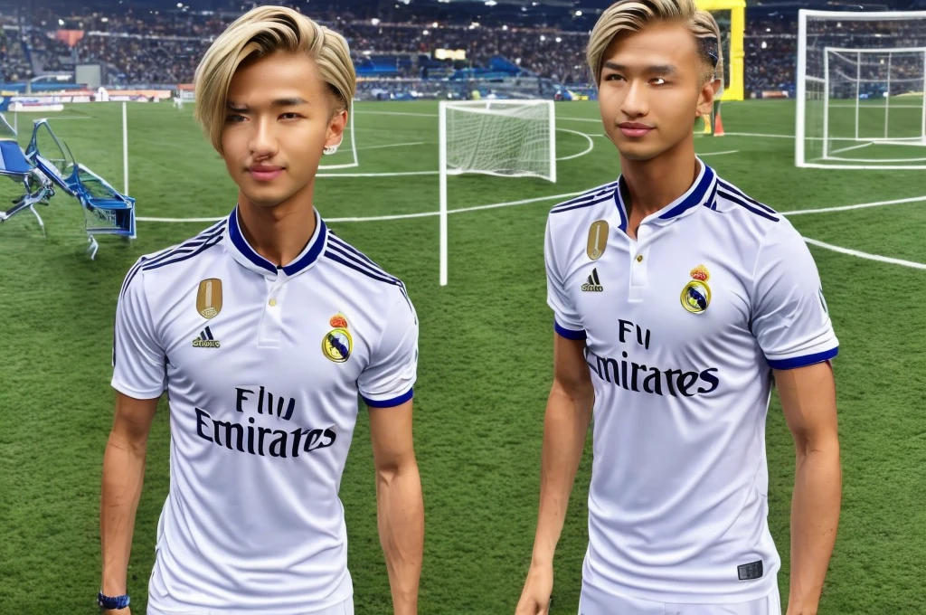 {{{Real Madrid Logo}}}, {{{The name of the jersey sponsor is Fly Emirates.}}}, soccer field, light, {{white adidas soccer jersey}}, {{{best quality}}}, {{{realistic}}}, detailed background, realistic 눈동자, handsome men, Caucasian with blonde hair and Asian with black hair, realistic 유니폼 주름