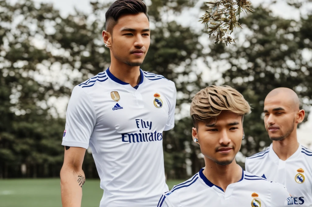 {{{Real Madrid Logo}}}, {{{The name of the jersey sponsor is Fly Emirates.}}}, soccer field, light, {{white adidas soccer jersey}}, {{{best quality}}}, {{{realistic}}}, detailed background, realistic 눈동자, handsome men, Caucasian with blonde hair and Asian with black hair, realistic 유니폼 주름