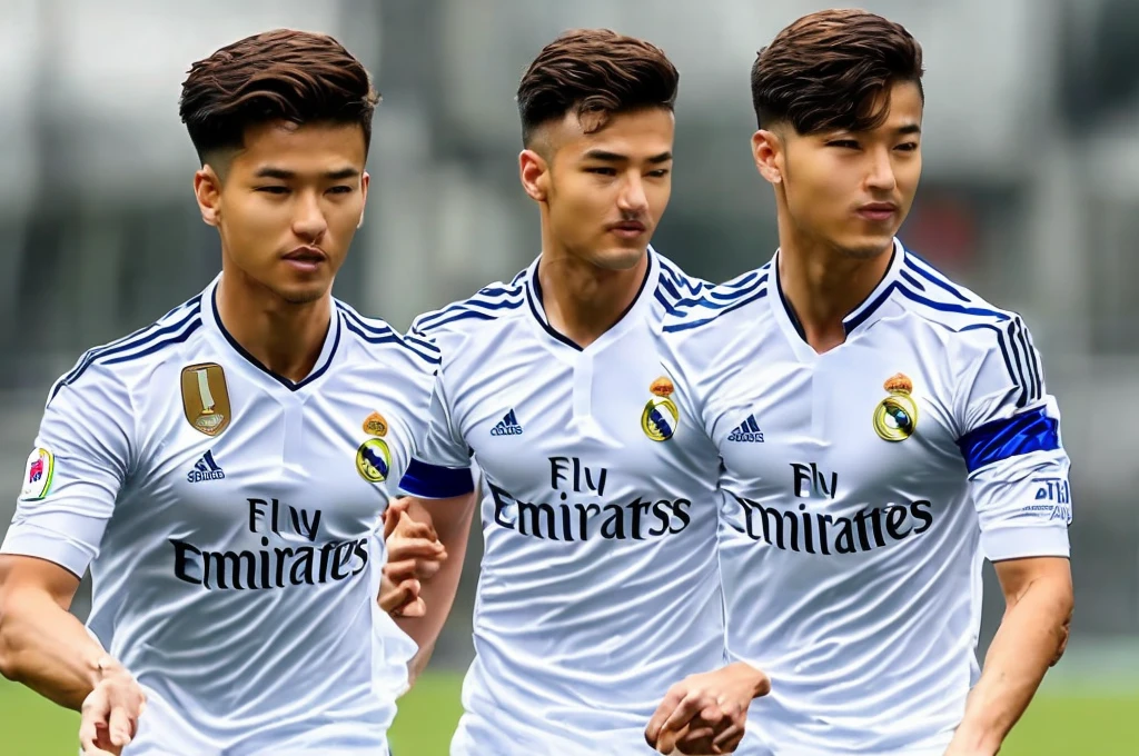 {{{Real Madrid Logo}}}, {{{The name of the jersey sponsor is Fly Emirates.}}}, soccer field, light, {{white adidas soccer jersey}}, {{{best quality}}}, {{{realistic}}}, detailed background, realistic 눈동자, handsome men, Caucasian with blonde hair and Asian with black hair, realistic 유니폼 주름