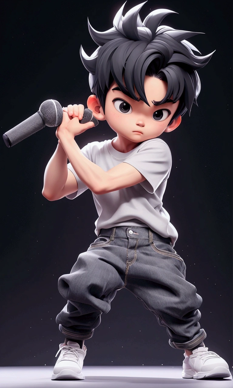 chibi, niji, a man standing on a stage , performing on stage, eric chou, wear grey t shirt, wear black denim pant, white sport shoe