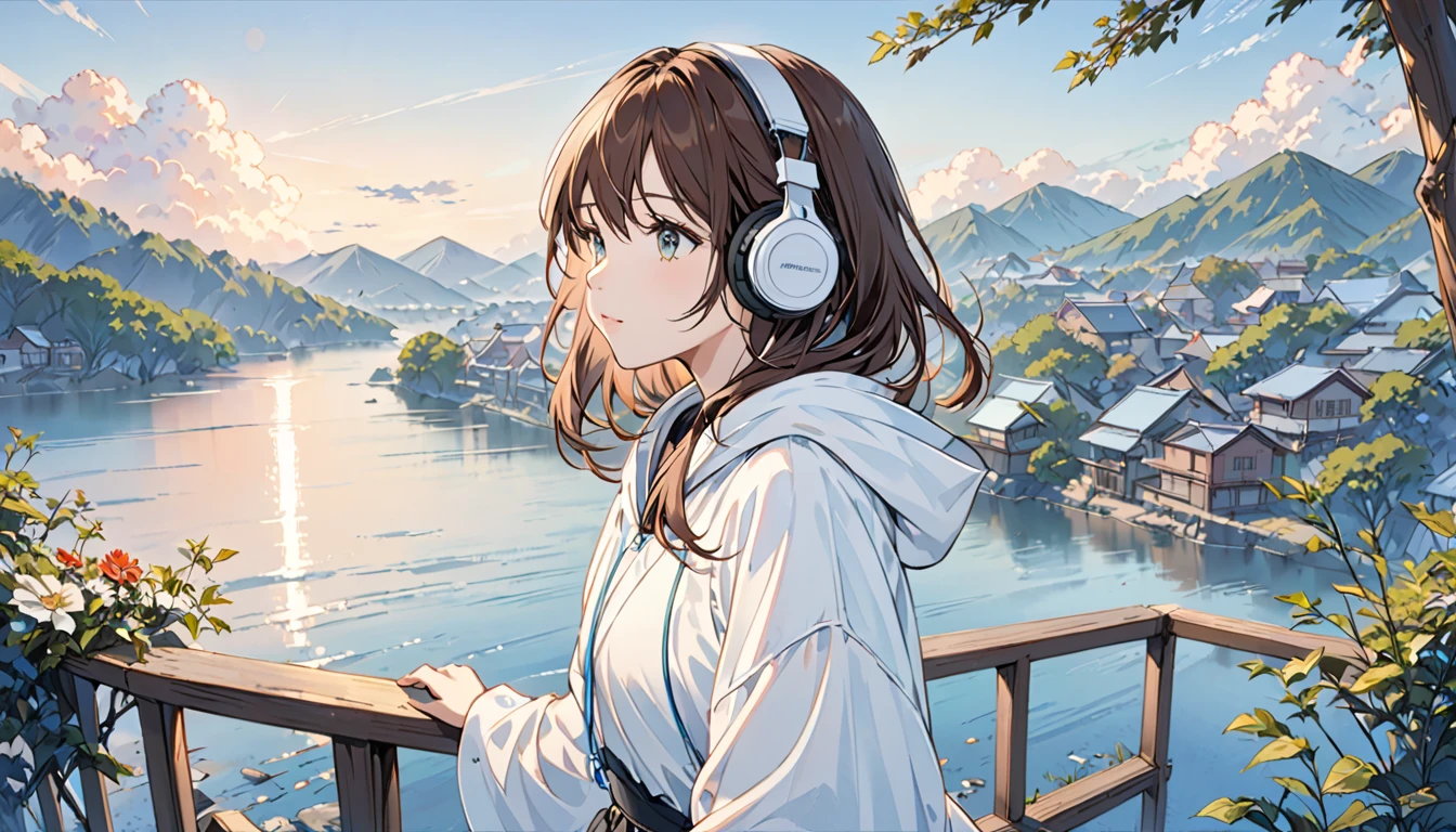 Girl wearing headphones,Brown Hair,1 person,Detailed Background,「Silence before dawn」 - Enjoy the morning silence