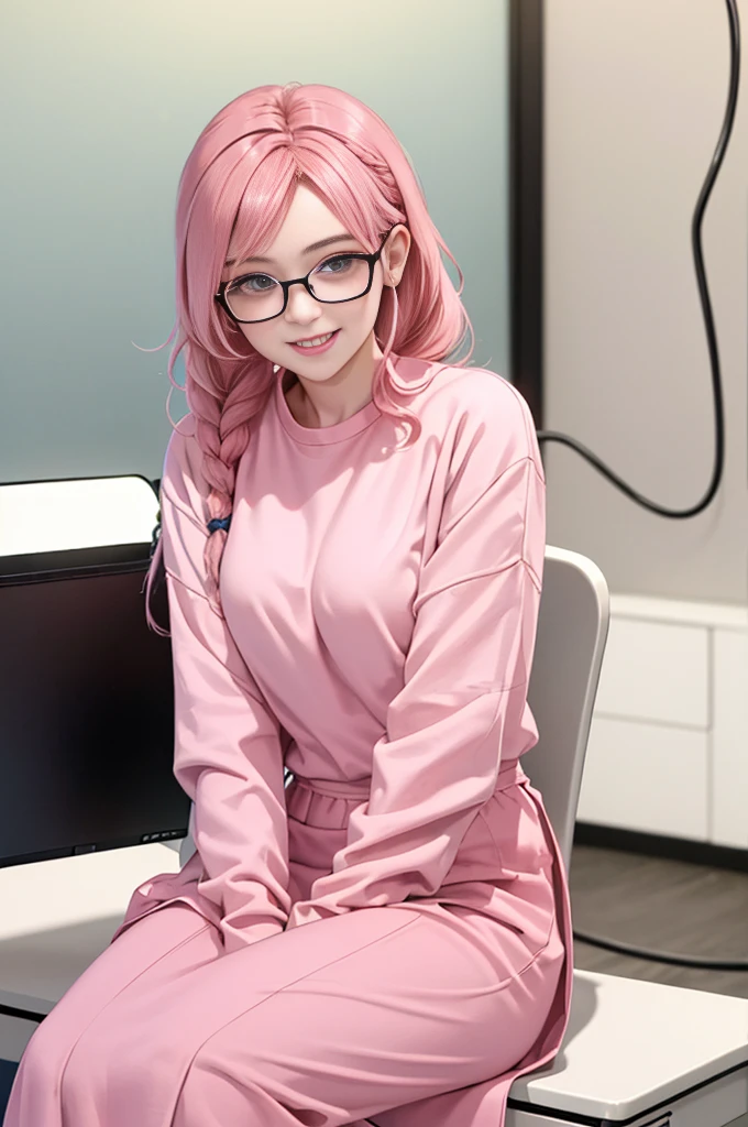 1 girl, age 5-6 years ,Solo, sitting (Looking at the audience), (pink shirt:1.5), long skirt ,Stylish clothes young woman wearing glasses /(pink hair/) Braided hair, smiling kindly (The best quality masterpiece:1.2) , Delicate illustrations, Special details, (hospital examination room) Indoor, desk, detailed background