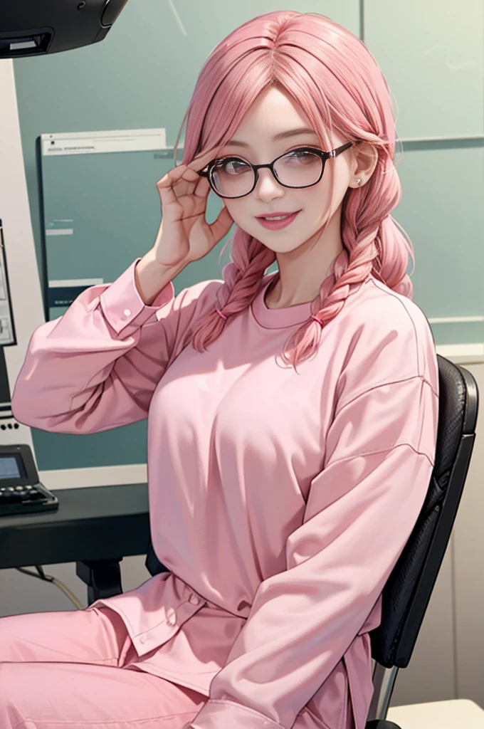 1 girl, age 5-6 years ,Solo, sitting (Looking at the audience), (pink shirt:1.5), long skirt ,Stylish clothes young woman wearing glasses /(pink hair/) Braided hair, smiling kindly (The best quality masterpiece:1.2) , Delicate illustrations, Special details, (hospital examination room) Indoor, desk, detailed background