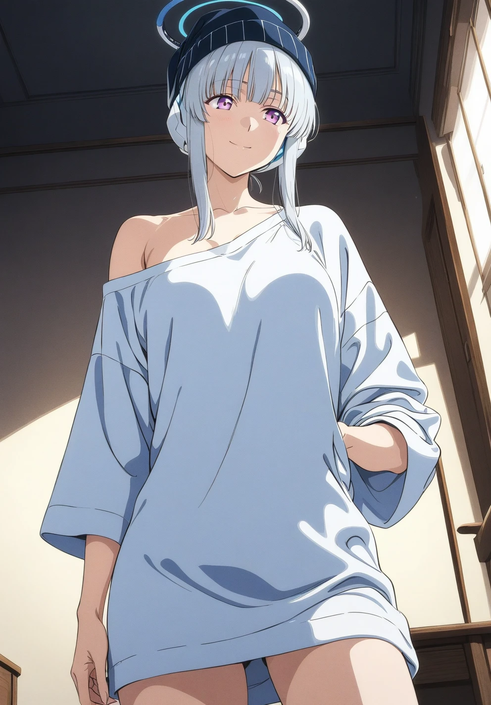 best quality, amazing quality, very aesthetic, absurdres, (1girl, noa, blue archive, solo, purpel eyes, white hair, big breasts), (realistic face:0.9),(oversized clothes:1.8), (smile, night cap, thigh:1.3), (cowboy shot), (glowing eyes), (half closed eyes:0.9), (), (official art:1.3), (off-angle), expressive eyes, perfect face, 4k, extremely detailed anime illustration, extremely detailed eyes, perfect anatomy, light rays, extremely delicate body, smooth skin, (bedroom background:1.5), clear eyes, beautiful face, small breasts,(anime style:1.7), (Warm Light:1.5), (highres:2),