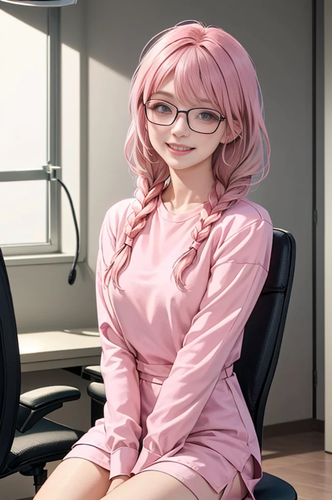 1 girl, 5-6 yeaolo, sitting (Looking at the audience), (pink shirt:1.5), long skirt ,Stylish clothes young woman wearing glasses /(pink hair/) Braided hair, smiling kindly (The best quality masterpiece:1.2) , Delicate illustrations, Special details, (hospital examination room) Indoor, desk, detailed background