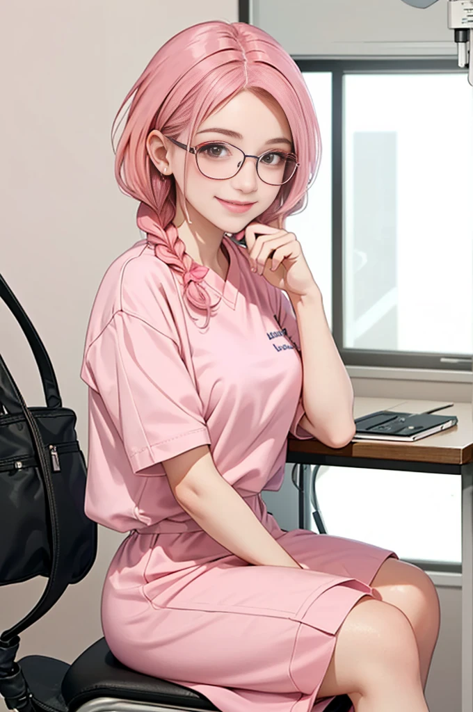 1 girl,  5-6 yeaolo, sitting (Looking at the audience), (pink shirt:1.5), long skirt ,Stylish clothes young woman wearing glasses /(pink hair/) Braided hair, smiling kindly (The best quality masterpiece:1.2) , Delicate illustrations, Special details, (hospital examination room) Indoor, desk, detailed background