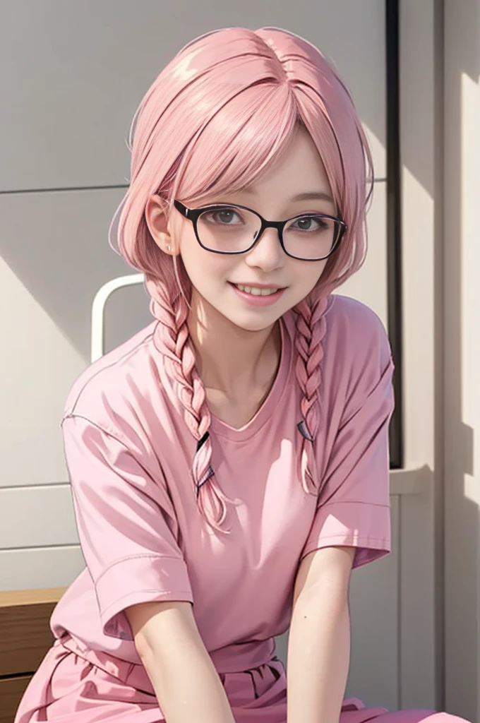 1 girl,  5-6 yeaolo, sitting (Looking at the audience), (pink shirt:1.5), long skirt ,Stylish clothes young woman wearing glasses /(pink hair/) Braided hair, smiling kindly (The best quality masterpiece:1.2) , Delicate illustrations, Special details, (hospital examination room) Indoor, desk, detailed background