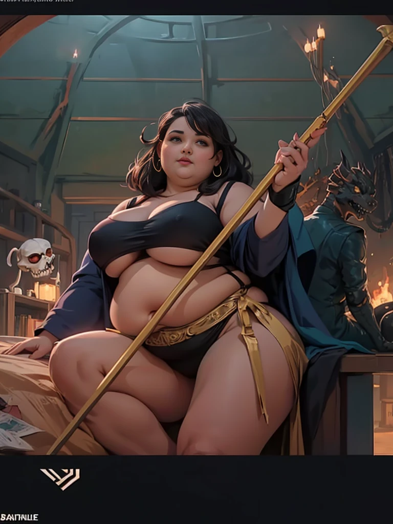 Bbw girl holding her huge fat chubby soft belly, she's sitting next to a dragon skull. Pretty face, red cheeks, très détaillée, robe noire, gros ventre, fat face