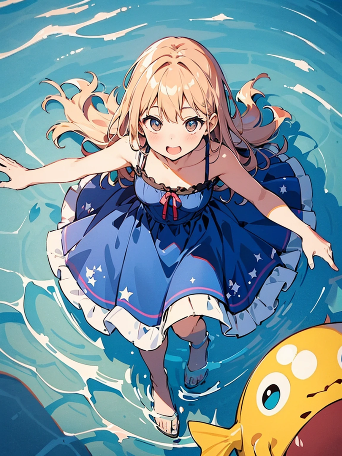One Girl, smile, blonde、Red hair ribbon、whole body、 Primary school students、Blue Uniform、Blue long skirt、Hands raised、Lift your legs、(Pulling on skirt)、Drowning in the sea、Splash art anime、Embarrassed face、Water Play、Photographed while submerged in the sea、(The skirt spreads out on the water)、skirt open、cute、blush、White
