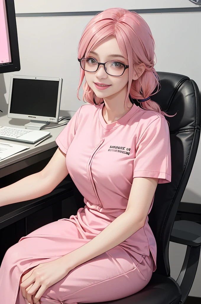 1 girl,  5-6 yeaolo, sitting (Looking at the audience), (pink shirt:1.5), long skirt ,Stylish clothes young woman wearing glasses /(pink hair/) Braided hair, smiling kindly (The best quality masterpiece:1.2) , Delicate illustrations, Special details, (hospital examination room) Indoor, desk, detailed background