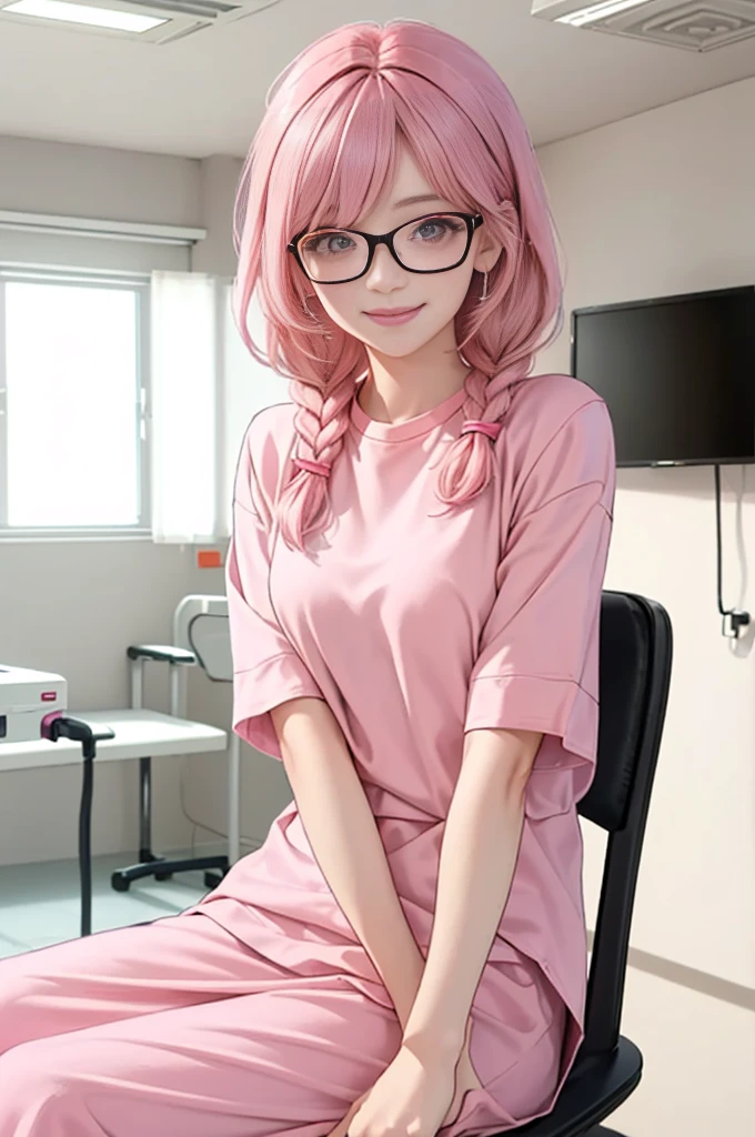 1 girl, age 5-6 years ,Solo, sitting (Looking at the audience), (pink shirt:1.5), long skirt ,Stylish clothes young woman wearing glasses /(pink hair/) Braided hair, smiling kindly (The best quality masterpiece:1.2) , Delicate illustrations, Special details, (hospital examination room) Indoor, desk, detailed background
