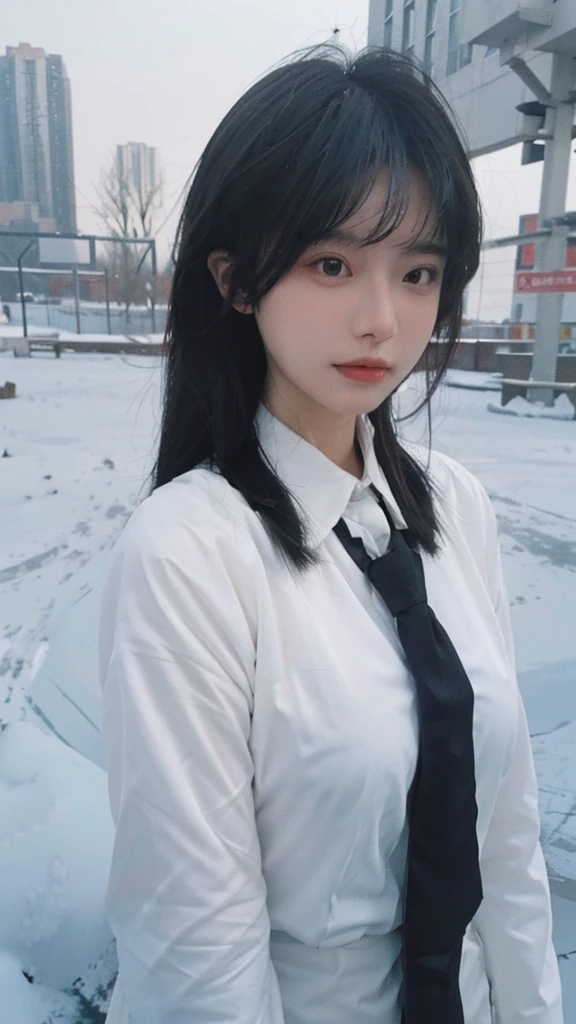 Best quality,masterpiece,Ultra-high resolution,snow,16K,Snow background,(Photo Realism:1.4),1 Girl,JK,Sexy,(Shirt and Tie:1.2),(Big breasts:1.3),(Upper body:1.4)