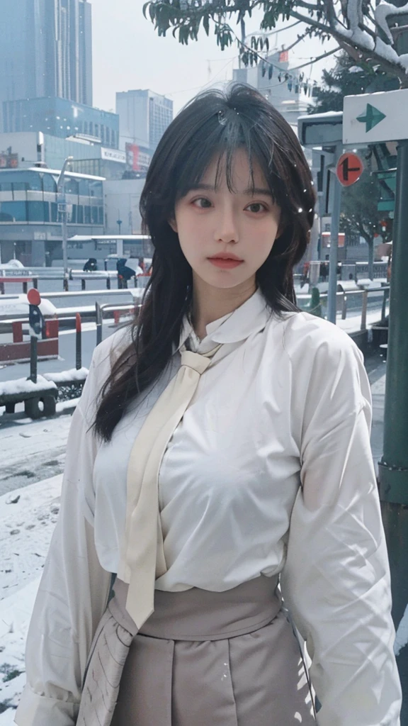 Best quality,masterpiece,Ultra-high resolution,snow,16K,Snow background,(Photo Realism:1.4),1 Girl,JK,Sexy,(Shirt and Tie:1.2),(Big breasts:1.3),(Upper body:1.4)