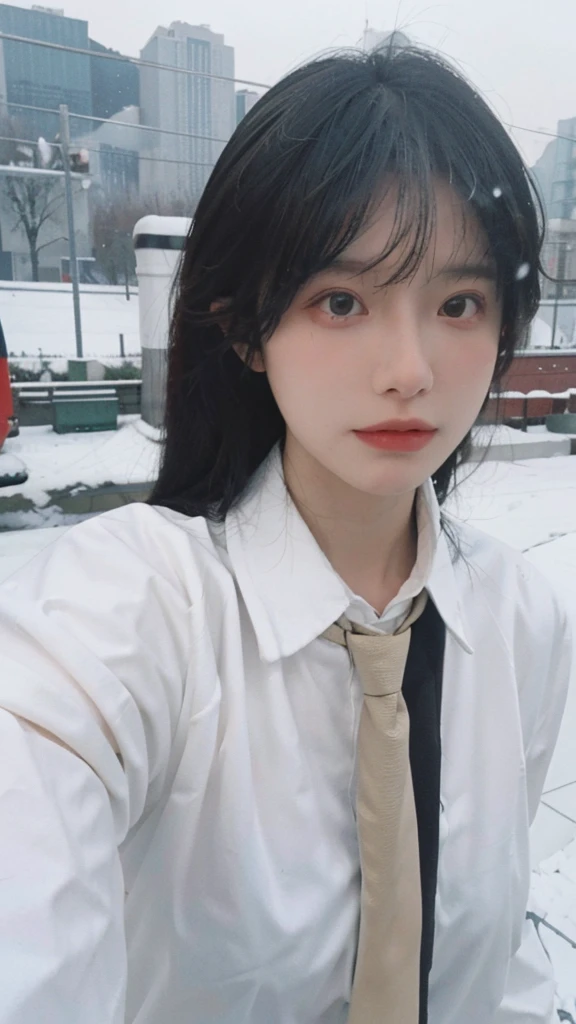 Best quality,masterpiece,Ultra-high resolution,snow,16K,Snow background,(Photo Realism:1.4),1 Girl,JK,Sexy,(Shirt and Tie:1.2),(Big breasts:1.3),(Upper body:1.4)