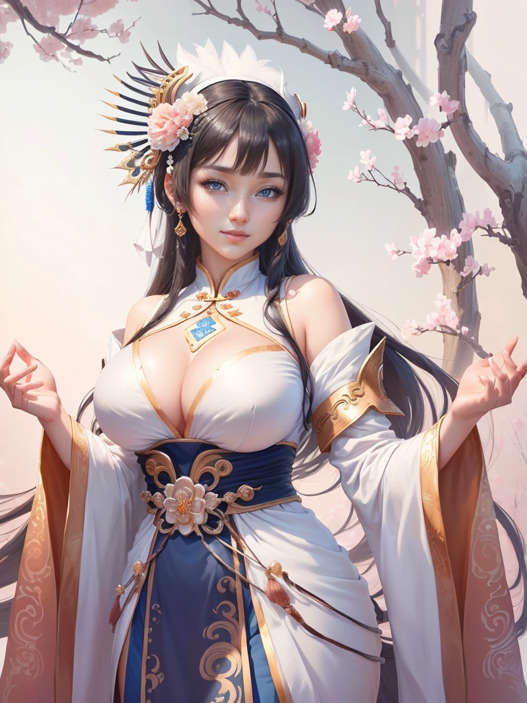 anime lady in a silver dress with a feather on her head, yun ling, inspired by Li Mei-shu, full body xianxia, highly detailed exquisite fanart, inspired by Pu Hua, inspired by Ju Lian, yang qi, lei min, Highly detailed CG unit 8k wallpaper, masterpiece, High resolution, highest quality, highest quality real texture skin, Super Real, Digital Painting, Best image quality, 最High resolution, 8k, ((Highly detailed eyes and face, Beautiful eyes every detail)), 1girl, Full Body Shot, Saggy breasts, Gravity-dependent breasts, long chest, Heavy chest, disproportionate breasts, huge breasts, sagging breasts, gigantic breasts, smile,  china clothes, 