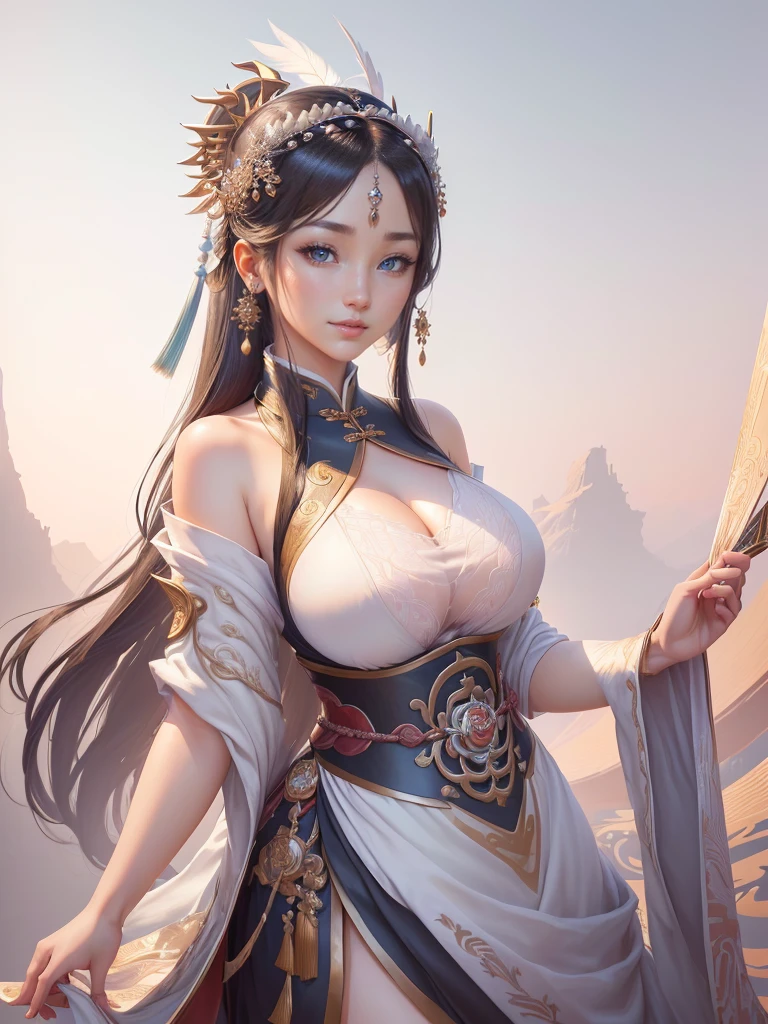 anime lady in a silver dress with a feather on her head, yun ling, inspired by Li Mei-shu, full body xianxia, highly detailed exquisite fanart, inspired by Pu Hua, inspired by Ju Lian, yang qi, lei min, Highly detailed CG unit 8k wallpaper, masterpiece, High resolution, highest quality, highest quality real texture skin, Super Real, Digital Painting, Best image quality, 最High resolution, 8k, ((Highly detailed eyes and face, Beautiful eyes every detail)), 1girl, Full Body Shot, Saggy breasts, Gravity-dependent breasts, long chest, Heavy chest, disproportionate breasts, huge breasts, sagging breasts, gigantic breasts, smile, china clothes,