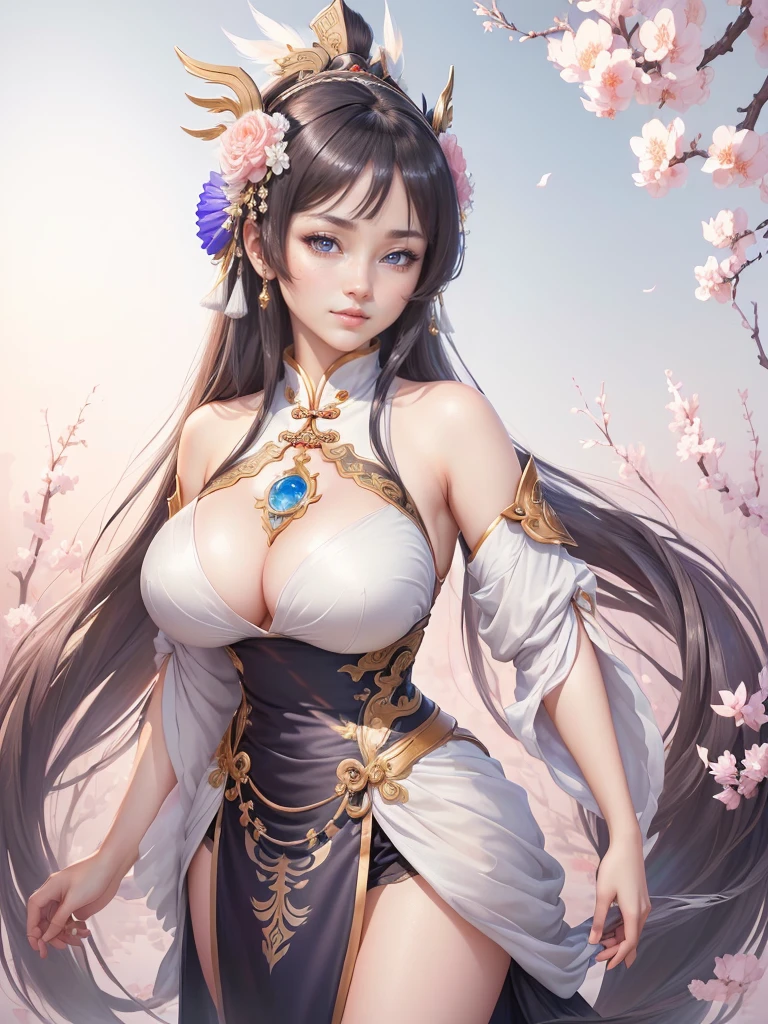 anime lady in a silver dress with a feather on her head, yun ling, inspired by Li Mei-shu, full body xianxia, highly detailed exquisite fanart, inspired by Pu Hua, inspired by Ju Lian, yang qi, lei min, Highly detailed CG unit 8k wallpaper, masterpiece, High resolution, highest quality, highest quality real texture skin, Super Real, Digital Painting, Best image quality, 最High resolution, 8k, ((Highly detailed eyes and face, Beautiful eyes every detail)), 1girl, Full Body Shot, Saggy breasts, Gravity-dependent breasts, long chest, Heavy chest, disproportionate breasts, huge breasts, sagging breasts, gigantic breasts, smile, china clothes,