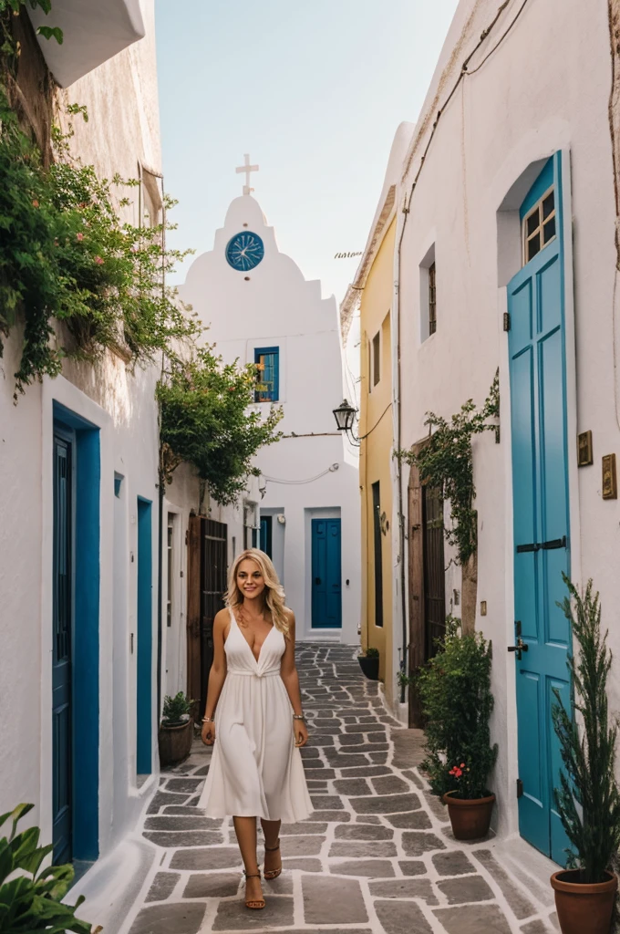 A pretty blonde woman walking down a narrow pathway in a picturesque setting. She wears a flowing beige dress and strappy sandals. The pathway is surrounded by whitewashed buildings with blue doors and windows. Above, the sky is clear with a hint of blue. The woman's hair flows freely, and she appears to be in a joyful or relaxed mood. We saw nipple under her cloth. The architecture and ambiance suggest that this could be a location in Santorini, Greece. Quality in ultraHD, quality for instagram post
