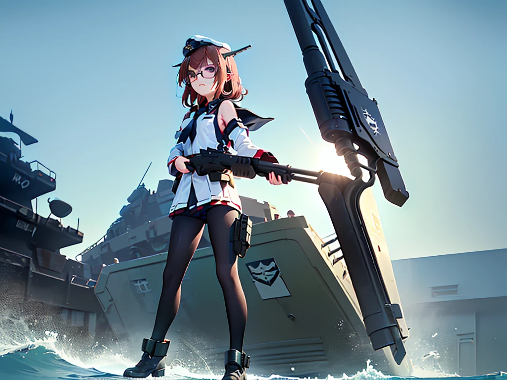 (((masterpiece, Vision))), ((((Full body of a woman with perfect flat chest、1 Female、solo、Short unkempt black hair、Tie your messy hair at the nape of your neck、white military jacket、Miko costume、black tights、Black glasses are black、White military cap、Cloudy black eyes、Confused eyes、Junyo-inspired emblem、Ship-style boots)))), (((Shipgirl))), ((Floating on the morning sea with both feet)), (Standing with your legs apart)), Aim, (Hold the shotgun turret grip with your right hand), (Four mechanical tentacles covered in white armor extend from its back.), (Holding a shotgun with metal tentacles), (Equipped with a bridge on the back), (His left arm holds the grip of a triple-barreled shotgun),
