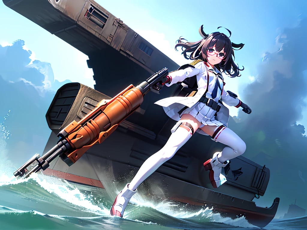 (((masterpiece, Vision))), ((((Full body of a woman with perfect flat chest、1 Female、solo、Short unkempt black hair、Tie your messy hair at the nape of your neck、white military jacket、Miko costume、black tights、Black glasses are black、White military cap、Cloudy black eyes、Confused eyes、Junyo-inspired emblem、Ship-style boots)))), (((Shipgirl))), ((Floating on the morning sea with both feet)), (Standing with your legs apart)), Aim, (Hold the shotgun turret grip with your right hand), (Four mechanical tentacles covered in white armor extend from its back.), (Holding a shotgun with metal tentacles), (Equipped with a bridge on the back), (His left arm holds the grip of a triple-barreled shotgun),