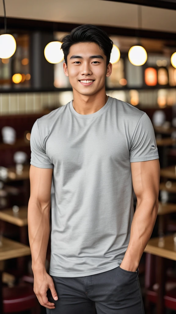 single: 1.5, (ที่TRUEแล้ว, Masterpiece, 8k HD, good light quality, sportswear, to fit the face, complicated details), A handsome Korean man with muscular arms.. , 20 years old, be happy, smile brightly, detailed face, delicate eyes, look at the sky, Wearing a tight gray t-shirt:1.6 ,Wear a denim coat.., Jeans era, black eyes, Black hair color, ผมsmooth, smooth,SurTRUE,Excellent details,Highest quality,TRUE,Open your mouth to talk.. , Close your eyes.., (Standing in a restaurant:1.5)