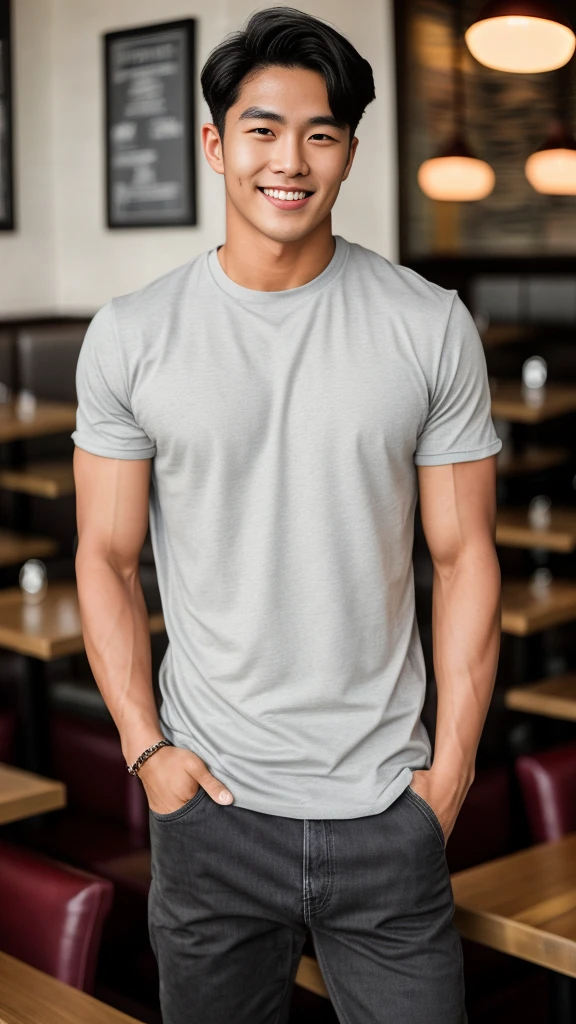 single: 1.5, (ที่TRUEแล้ว, Masterpiece, 8k HD, good light quality, sportswear, to fit the face, complicated details), A handsome Korean man with muscular arms.. , 20 years old, be happy, smile brightly, detailed face, delicate eyes, look at the sky, Wearing a tight gray t-shirt:1.6 ,Wear a denim coat.., Jeans era, black eyes, Black hair color, ผมsmooth, smooth,SurTRUE,Excellent details,Highest quality,TRUE,Open your mouth to talk.. , Close your eyes.., (Standing in a restaurant:1.5)