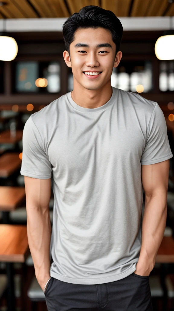 single: 1.5, (ที่TRUEแล้ว, Masterpiece, 8k HD, good light quality, sportswear, to fit the face, complicated details), A handsome Korean man with muscular arms.. , 20 years old, be happy, smile brightly, detailed face, delicate eyes, look at the sky, Wearing a tight gray t-shirt:1.6 ,Wear a denim coat.., Jeans era, black eyes, Black hair color, ผมsmooth, smooth，SurTRUE，Excellent details，Highest quality，TRUE，Open your mouth to talk.. , Close your eyes.., (Standing in a restaurant:1.5)