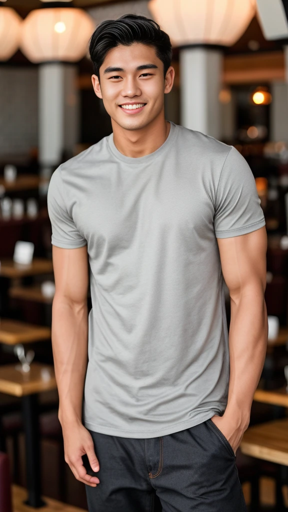 single: 1.5, (ที่TRUEแล้ว, Masterpiece, 8k HD, good light quality, sportswear, to fit the face, complicated details), A handsome Korean man with muscular arms.. , 20 years old, be happy, smile brightly, detailed face, delicate eyes, look at the sky, Wearing a tight gray t-shirt:1.6 ,Wear a denim coat.., Jeans era, black eyes, Black hair color, ผมsmooth, smooth，SurTRUE，Excellent details，Highest quality，TRUE，Open your mouth to talk.. , Close your eyes.., (Standing in a restaurant:1.5)
