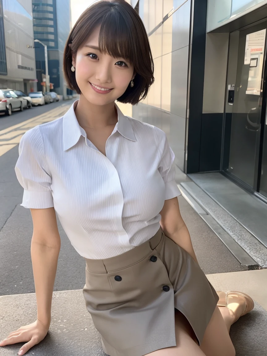 (skin spots: 1.2), (skin dentation), Black eyes, 1 female, 25 years old, ((((Female))), Solo, Real, Best Quality, Photorealistic, Masterpiece, 8K, High Resolution, Solo, Very Detailed Face, (Professional Lighting, Bokeh), (Light Particle, Lens Flare, Luminous Particle: 0.6), (Dynamic Pause: 1.2), Soft Lighting, Top Angle View, fashionable and trendy, Japan, street, urban, Tokyo, Minato, (daytime)), sky, ((view viewer:1)), (look at camera), (portrait: 0.6), cowboy shot, gorgeous, standing, keep original facial proportions, wide shoulders, full body, (big breasts), (short hair), brown hair, floating hair, lips, lipstick, seductive smile, floating hair, smile, open_mouth, teeth, eyelashes, moles, (moles under the eyes: 1), plump body, plump breasts, ripping breasts, big breasts, uniform, miniskirt, hairstyle, braiding, , garter stockings, garter belt, stood, office