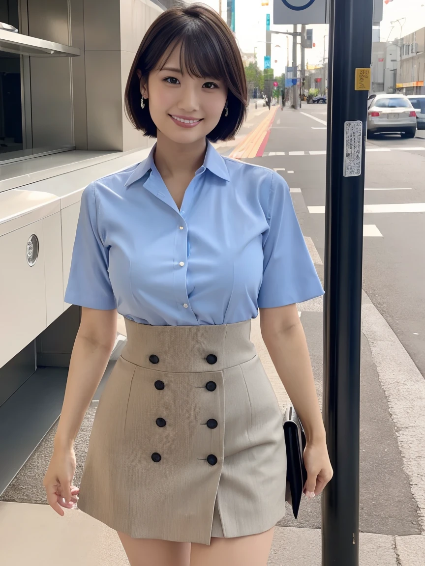 masutepiece, Best Quality, Photorealsitic, finely detail, hight resolution,beautiful japanese woman,beautiful detailed eyes, beautiful detailed lips, extremely detailed face, small head, small areola, cinematic lighting, photorealistic, 8k, high quality, hyper detailed, look at me,smile,(dress shirt,mini skirt),(short hair:1.4),(random outside location),(big breasts:1.2),(inoueseika),(full body:1.3),slender,beautifull legs