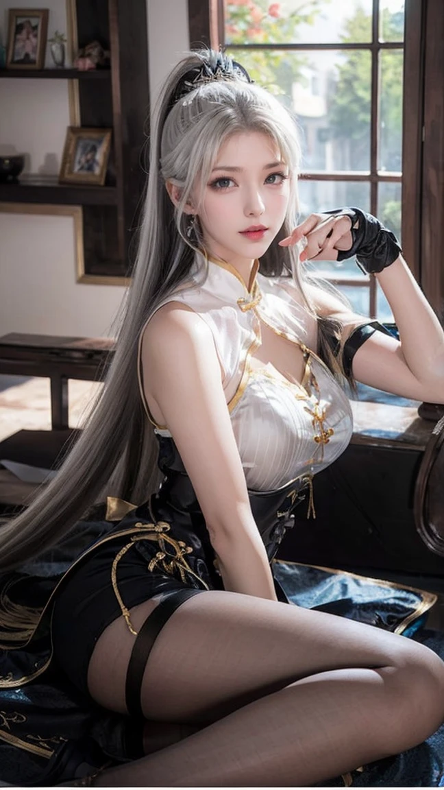 a white hair、Close-up of miss wearing white mask, Beautiful character painting, Gu Weiss, Gurwitz-style artwork, White-haired god, author：Yang Jie, Epic and beautiful character art, Stunning character art, author：Fan Qi, by Wuzhun Shifan, pixiv Art Street Guviz, Single ponytail, insult, High Ponytail, Tall and big, Long legs, (Sleeveless lace shirt), (shorts), (Striped )), ((Striped )), Walk, elegant, dignified, miss, Beautiful curves, sweet smile, Strong sense of detail and layering, color丰富绚丽, Has a unique texture, rich and colorful, color, vivid, Design Art, 16K, Extremely detailed, {{illustration}}, {Extremely refined}, {Exquisite surface treatment}, Extremely detailed, Delicate and shining eyes, {{light}}, 极致light效果, Model: realism, CFG size: 12, Laura: Bright texture (1.35), high quality, masterpiece, Exquisite facial features, Delicate hair depiction, Detailed depiction of the eyes, masterpiece, best quality, Ray Tracing, Extremely detailed CG unified 8k wallpaper, masterpiece, best quality, (1 girl), 完美miss身材, (((Skinny white T-shirt))), beautiful eyes, (Delicate face), Black short hair, Tie your hair up, light blue hairpin, Black Silk Frame Glasses, in class, (White skin), (Optimal lighting), (Super intricate details), 4K Unified, (Extremely detailed CG), Showing off her white legs, , Hot Pants, shorts,