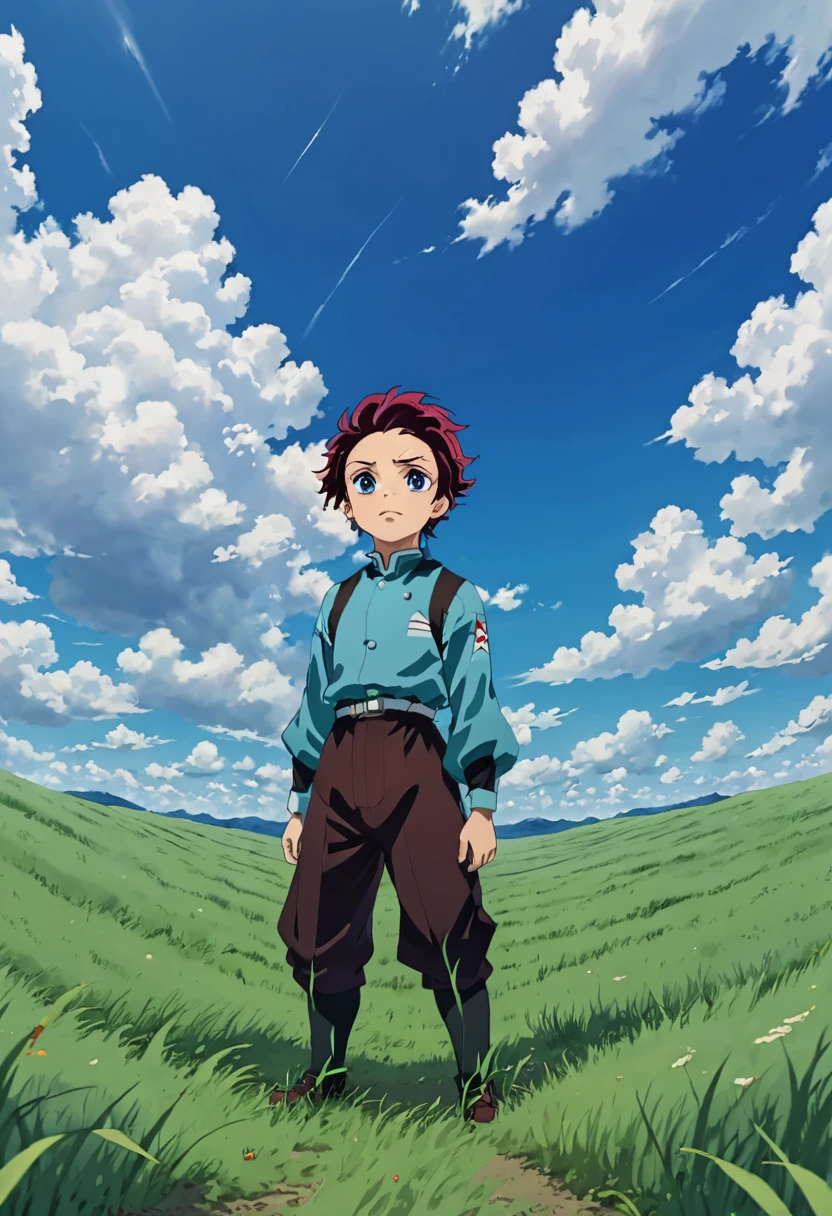 Tanjiro standing in the plain grass looing up in to the sky with pure blue clouds and the clouds are forming