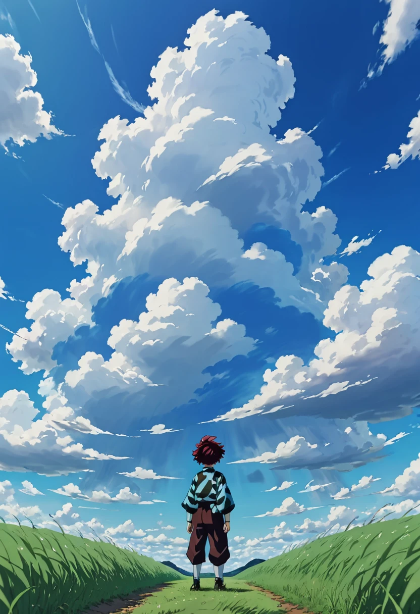 Tanjiro standing in the plain grass looing up in to the sky with pure blue clouds and the clouds are forming