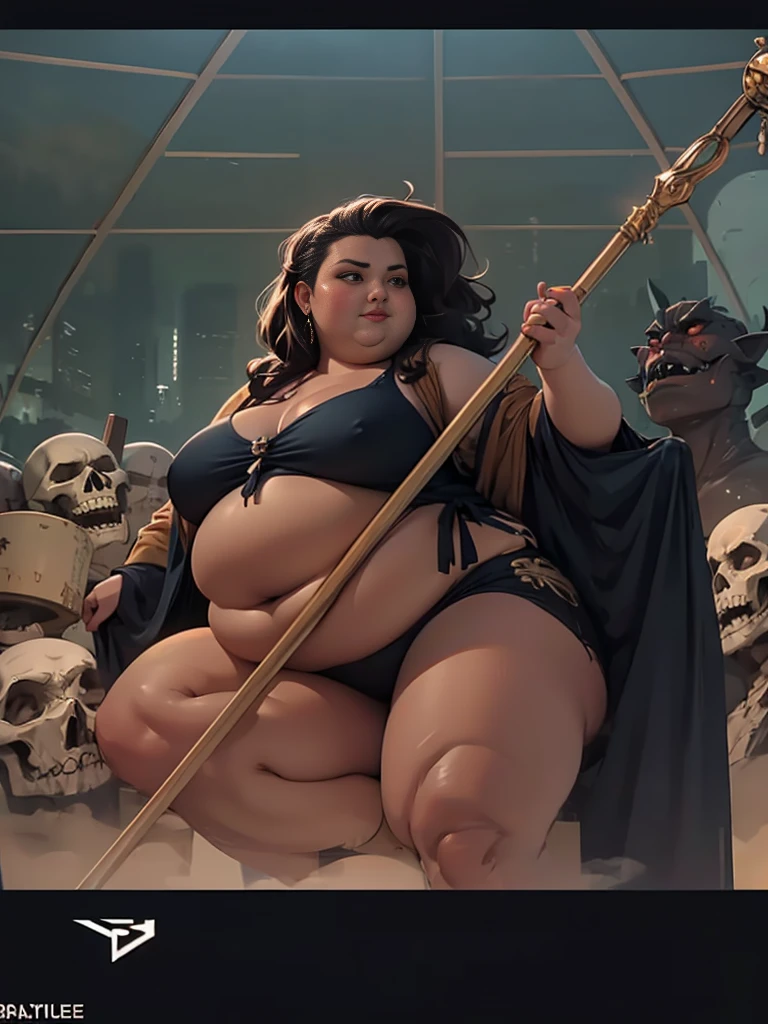 Bbw girl holding her huge fat chubby soft belly, she's sitting next to a dragon skull. Pretty face, red cheeks, très détaillée, robe noire, gros ventre, fat face
