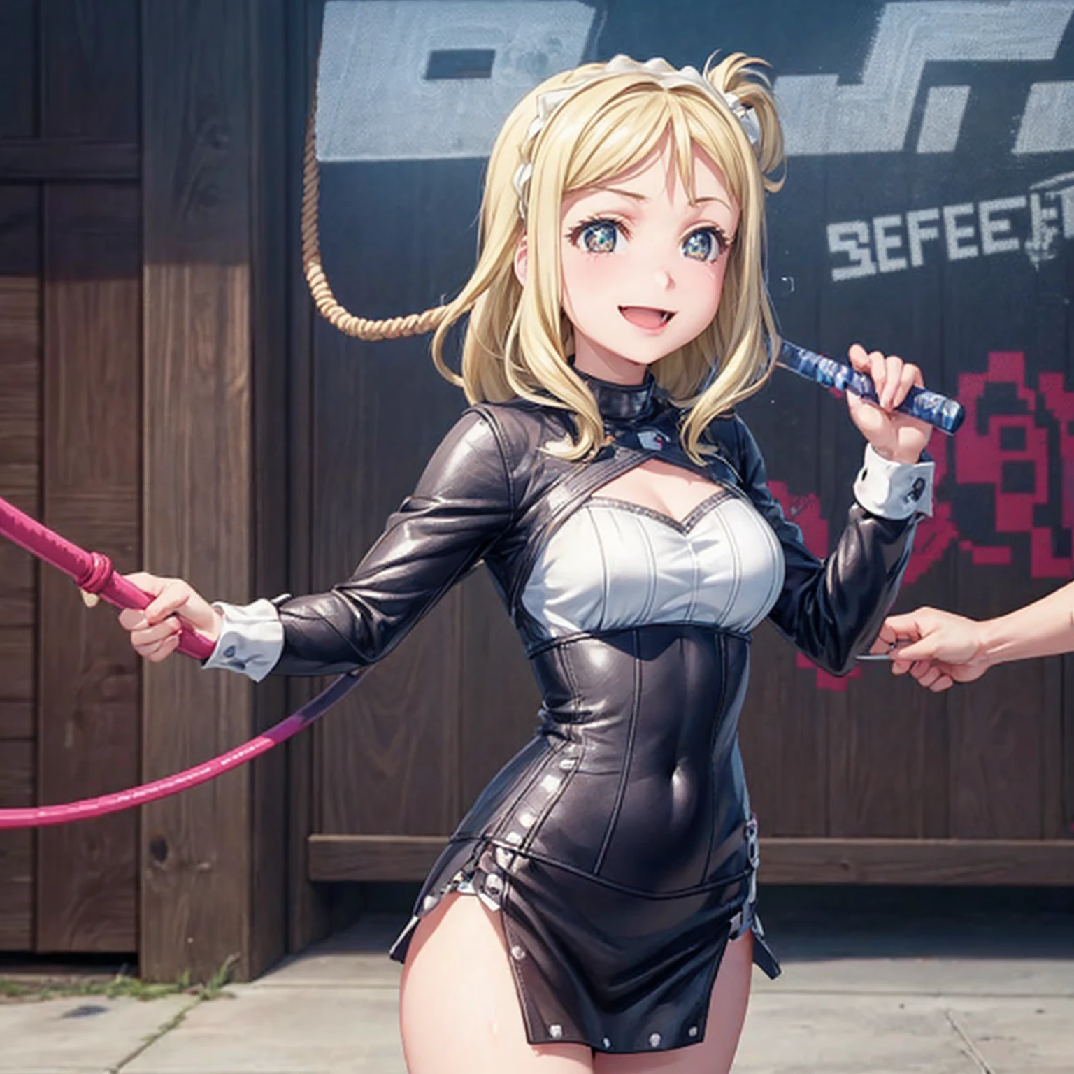 (((Pixel Perfect,Perfect in every detail))), Girl slaps guy,A girl around ,smile,,NSWF,lovely,Mari Ohara,Leather whip,whip,Swinging a long, thick rope,cinematic