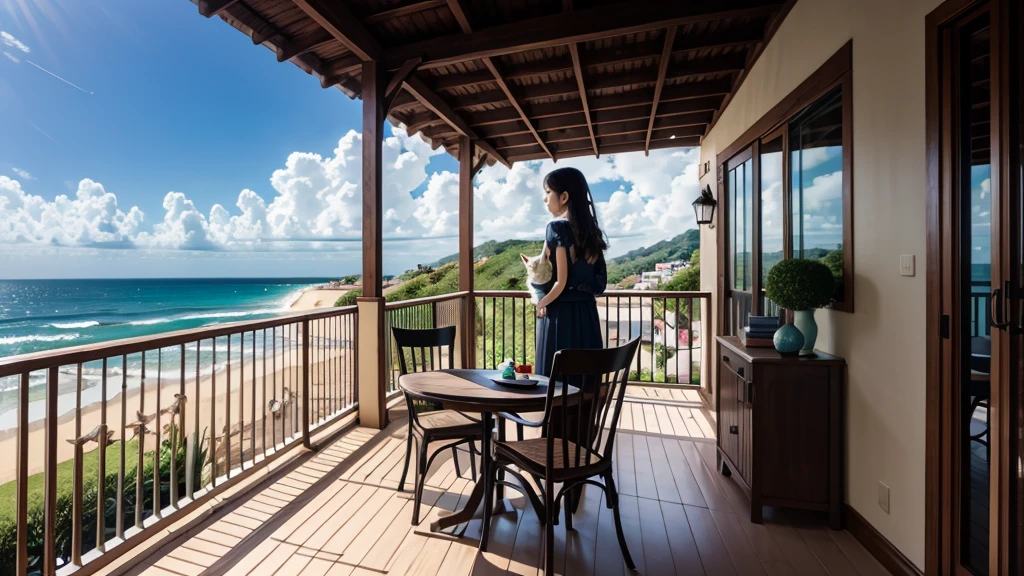 coastal、wooden、Woman holding a cat on an open balcony、A pleasant breeze blows、chairs and tables、Daytime、House with sea view、Beautiful woman、Hair blowing in the wind、