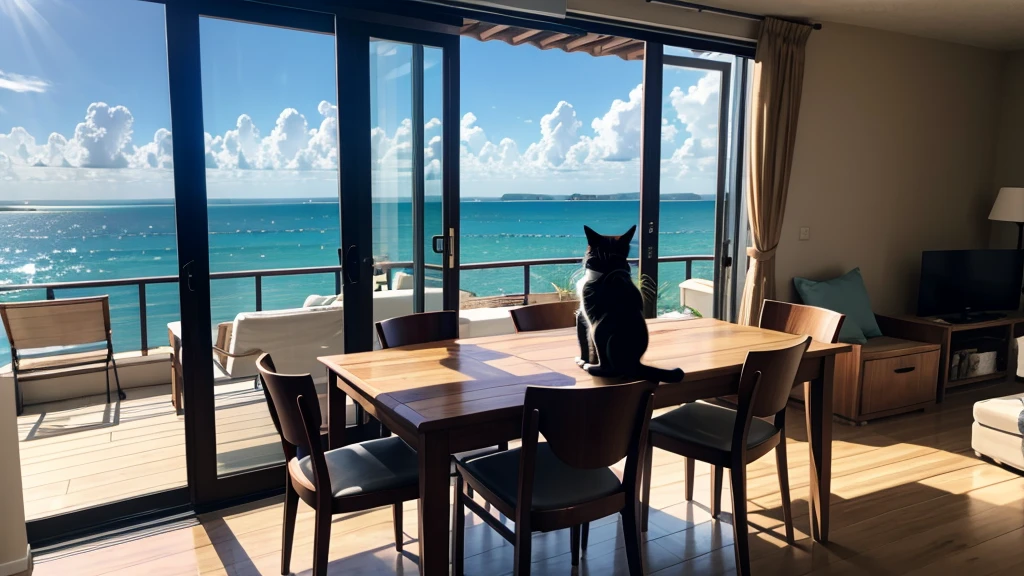 coastal、wooden、Woman holding a cat on an open balcony、A pleasant breeze blows、chairs and tables、Daytime、House with sea view、Beautiful woman、Hair blowing in the wind、