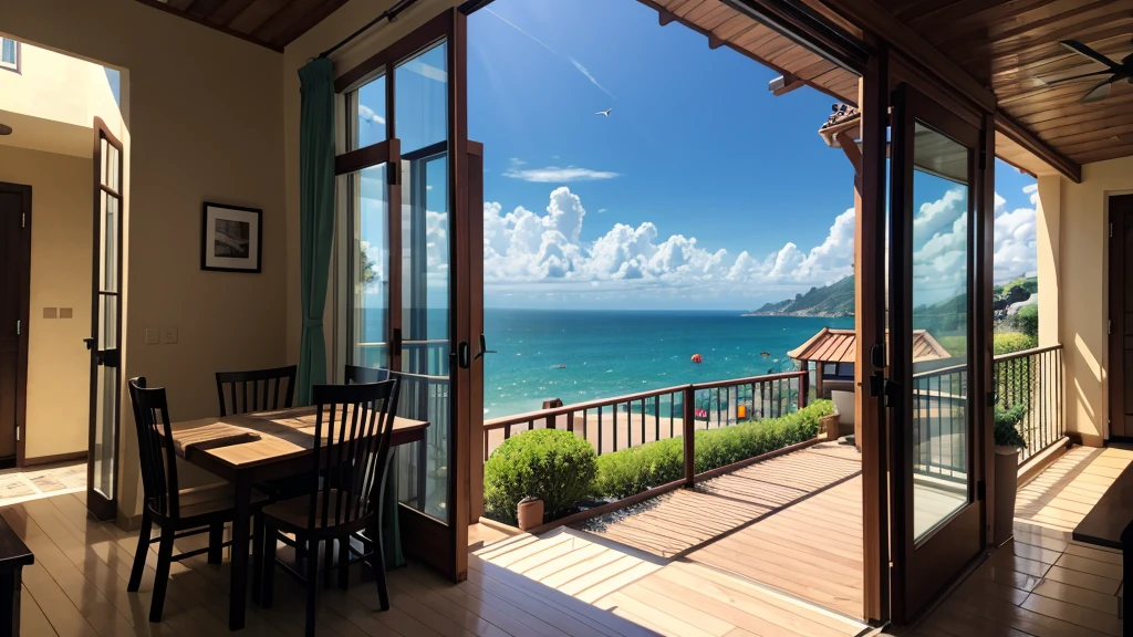 coastal、wooden、Woman holding a cat on an open balcony、A pleasant breeze blows、chairs and tables、Daytime、House with sea view、Beautiful woman、Hair blowing in the wind、